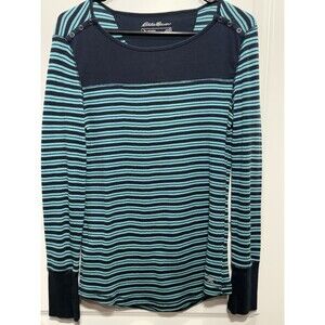 Y2K Eddie Bauer Striped Teal Thermal Long Sleeve Shirt Medium Outdoors Snaps M